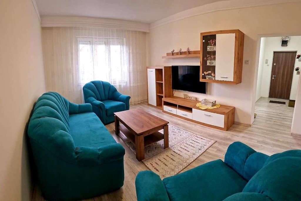Sala de estar con 2 sofás azules y TV en ORI Modern Apart Malul Muresului , Arad en Arad