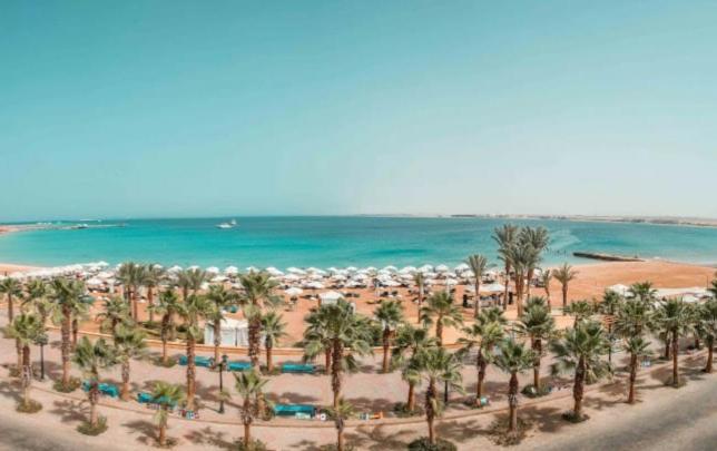an aerial view of a beach with palm trees and the ocean at Tawaya sahl hashesh in Hurghada