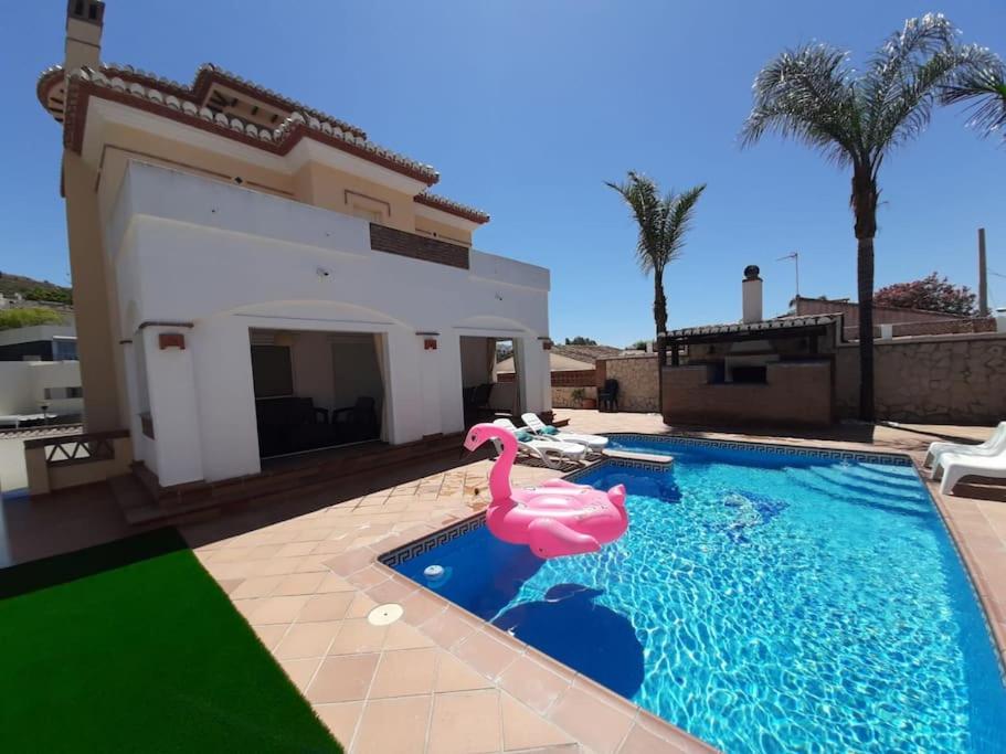 una piscina con un flamenco rosa frente a una casa en Casa Pozuelo, en Taramay