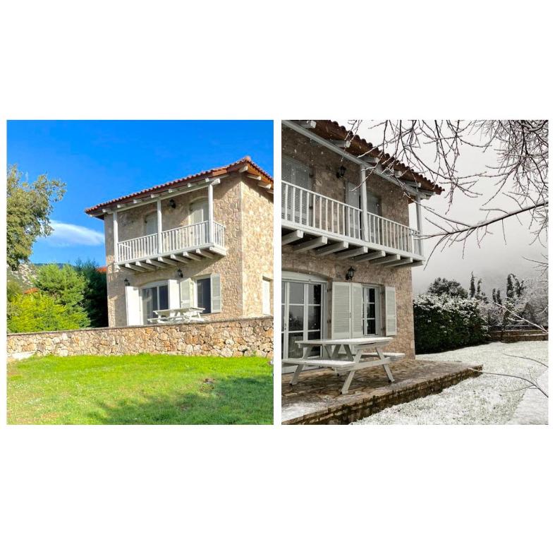 duas fotografias de uma casa com varanda em Alemarni Parnassos em Polydrosos