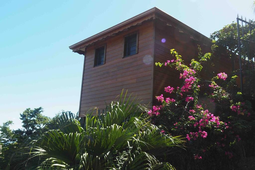 ein Gebäude mit rosa Blumen davor in der Unterkunft Papaye Lodge sur les flancs des Monts Caraïbes in Vieux-Fort