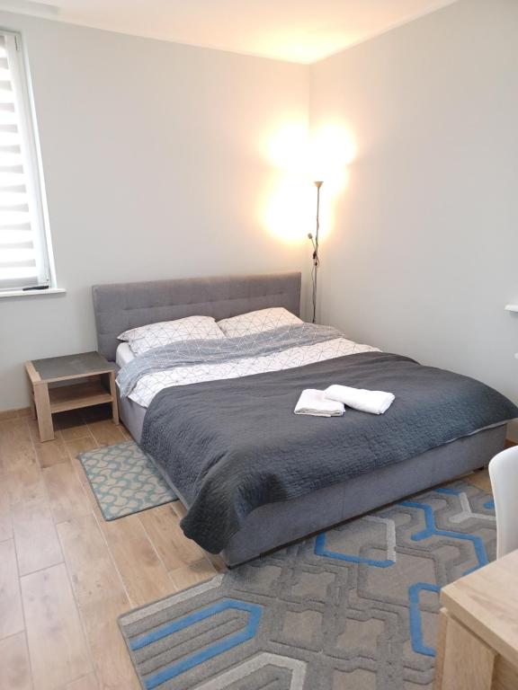 a bedroom with a bed and a table with a lamp at APARTAMENTY CENTRUM Lipowa 16 in Białystok