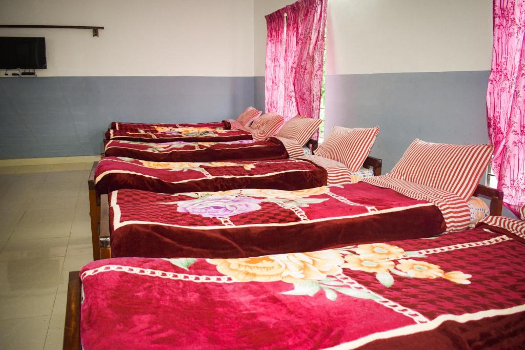quatro camas alinhadas num quarto com cortinas cor-de-rosa em AC MIST em Munnar