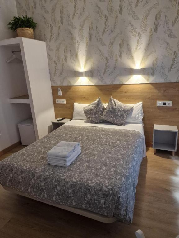 1 dormitorio con 1 cama con 2 almohadas en Hostal Esparteros en Madrid