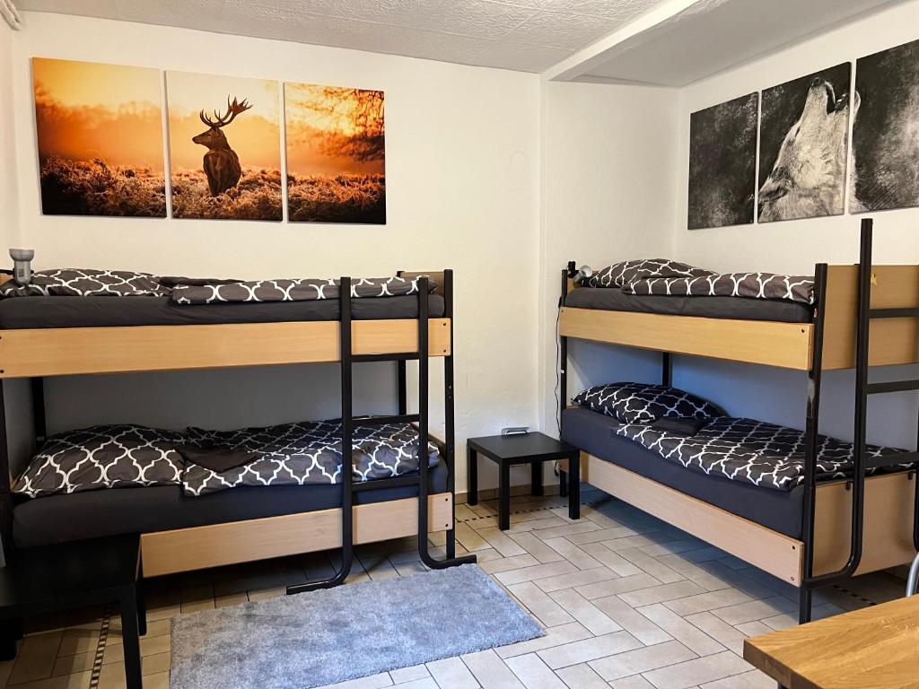 two sets of bunk beds in a room at Möblierte 1-Zimmer Wohnung im Zentrum Ottersbergs für Monteure und geschäftlich Reisende in Ottersberg