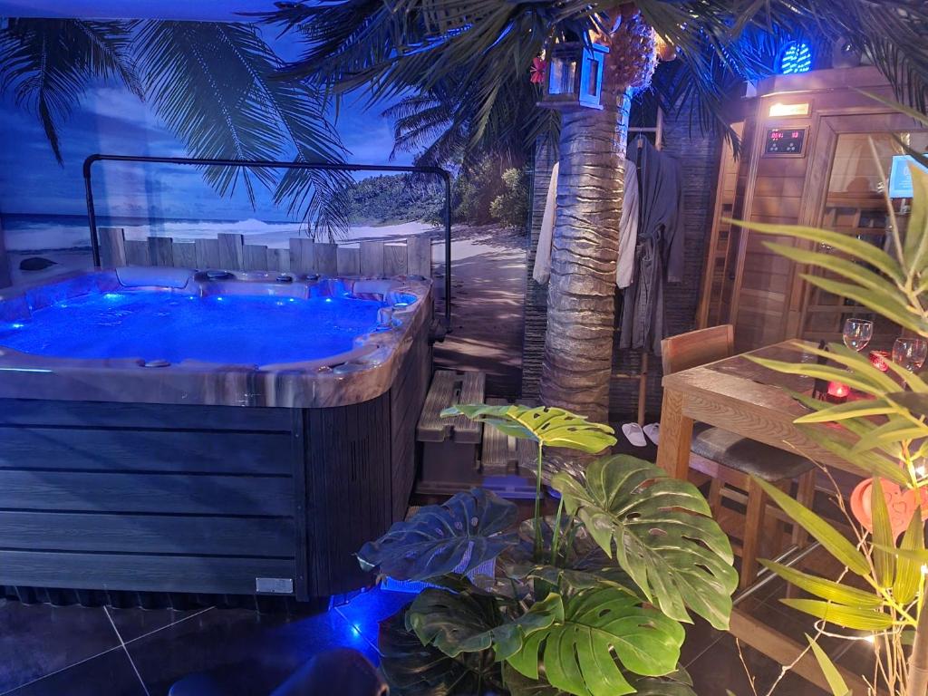 a jacuzzi tub in a garden with plants at Au clair de lune in Chavelot