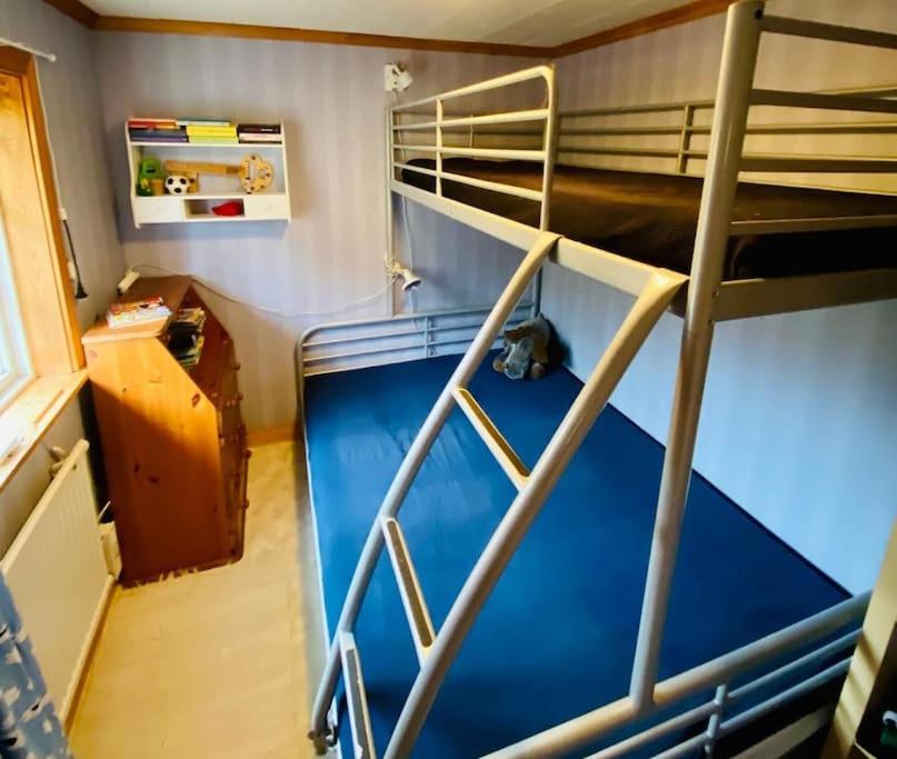 a bunk bed in a room with a blue floor at StugaNäraKungsberget - mysig stuga med kamin, grillkåta och vedbastu in Ockelbo