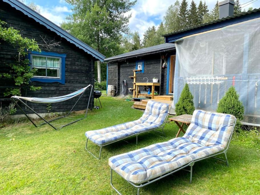 two chairs and a hammock in a yard at StugaNäraKungsberget - mysig stuga med kamin, grillkåta och vedbastu in Ockelbo
