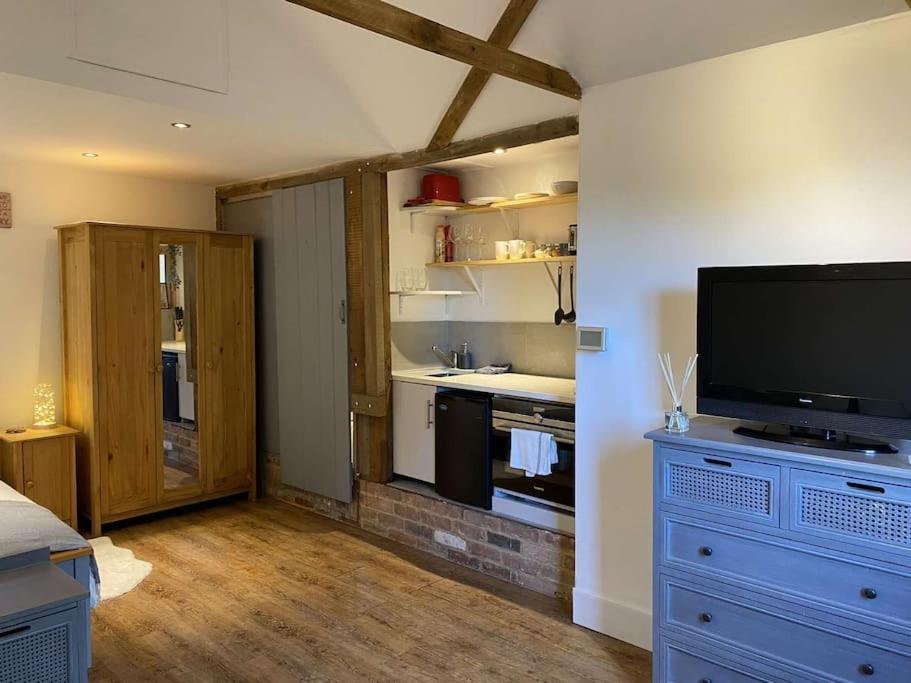 ein Wohnzimmer mit einem TV und einer Küche in der Unterkunft Cosy 1 bedroom country lodge with free parking in Watlington