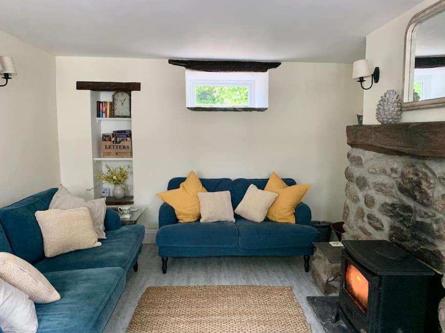 a living room with a blue couch and a fireplace at Orchard Cottage in Corwen