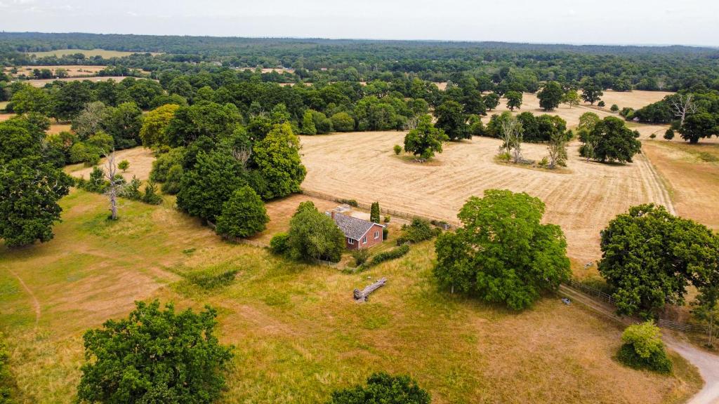 an aerial view of a farm with a field and trees at Secluded 3 bed cottage in private parkland in Brockenhurst