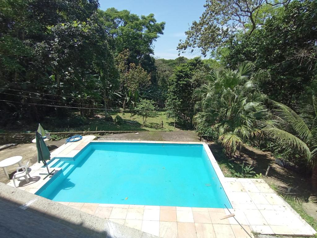 una piscina azul en un patio con árboles en Suítes Caminho das Rosas Experiência na Montanha en Guapimirim