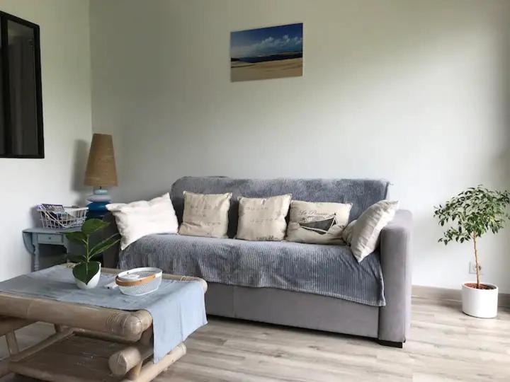 a living room with a couch and a table at Charmante Cabane Bois in Gujan-Mestras