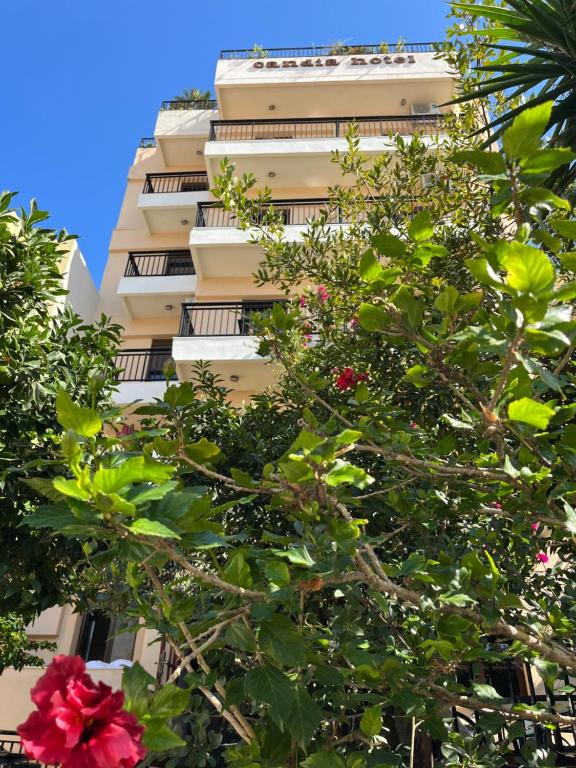 un bâtiment avec un arbre à fleurs devant lui dans l'établissement Candia Hotel, à La Canée