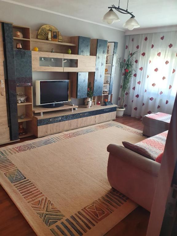 uma sala de estar com um sofá e uma televisão de ecrã plano em Apartament Remali em Oradea