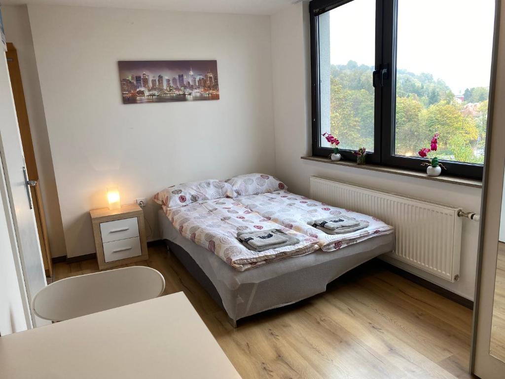 a small bedroom with a bed and a window at apartma Golovec in Ljubljana