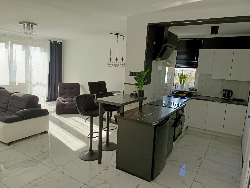 a kitchen and living room with a table and chairs at APARTAMENT KOSMOS GORZOW in Gorzów Wielkopolski