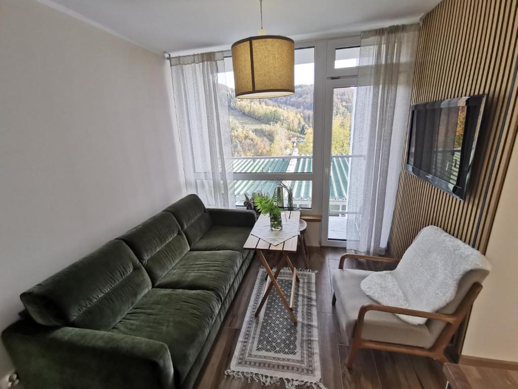 a living room with a green couch and a window at HEARTH HILL VIEW APARTMENT in Ustroń