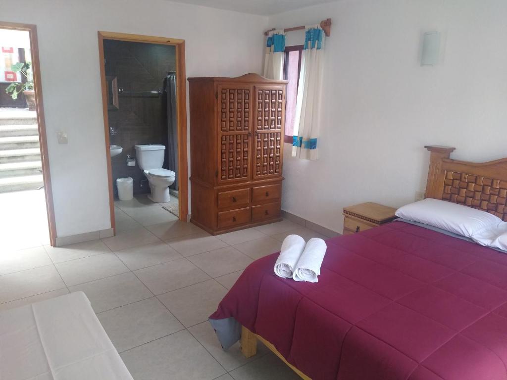 sypialnia z fioletowym łóżkiem i łazienką w obiekcie Hospedaje Anayauhcalli w mieście Tepoztlán