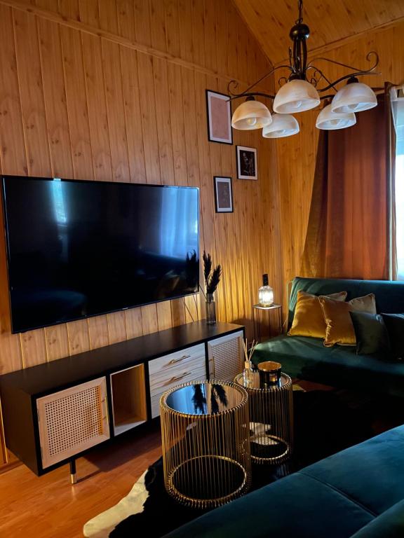 a living room with a large flat screen tv at Chalet Látky in Látky