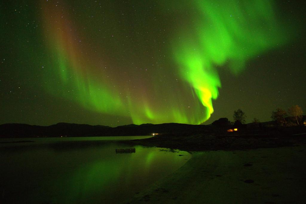 an aurora in the sky over a body of water at Off-the-grid cabin on the island of Senja in northern Norway in Vangsvik