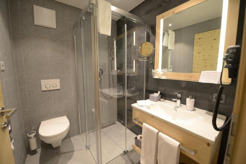 a bathroom with a shower and a toilet and a sink at Alpenhotel Fleurs de Zermatt in Zermatt