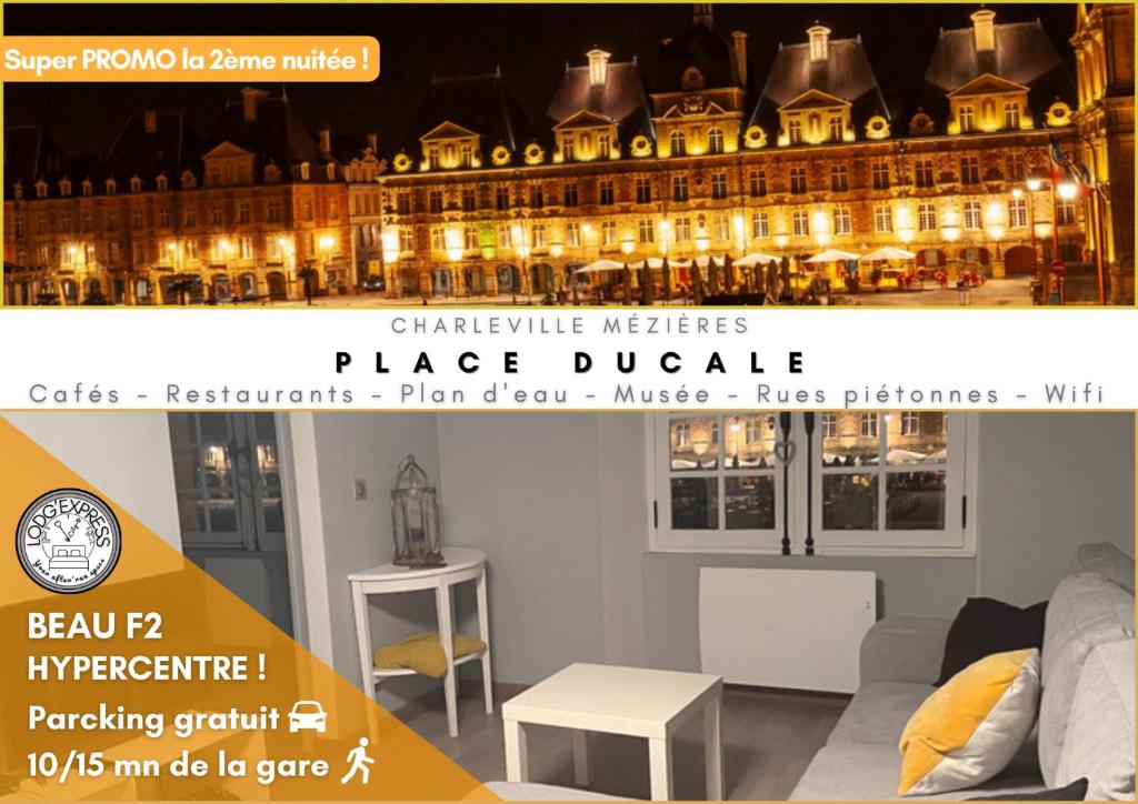 een folder voor een meubelzaak met een weergave van een gebouw bij Charleville-Mézières: belle vue Place Ducale in Charleville-Mézières