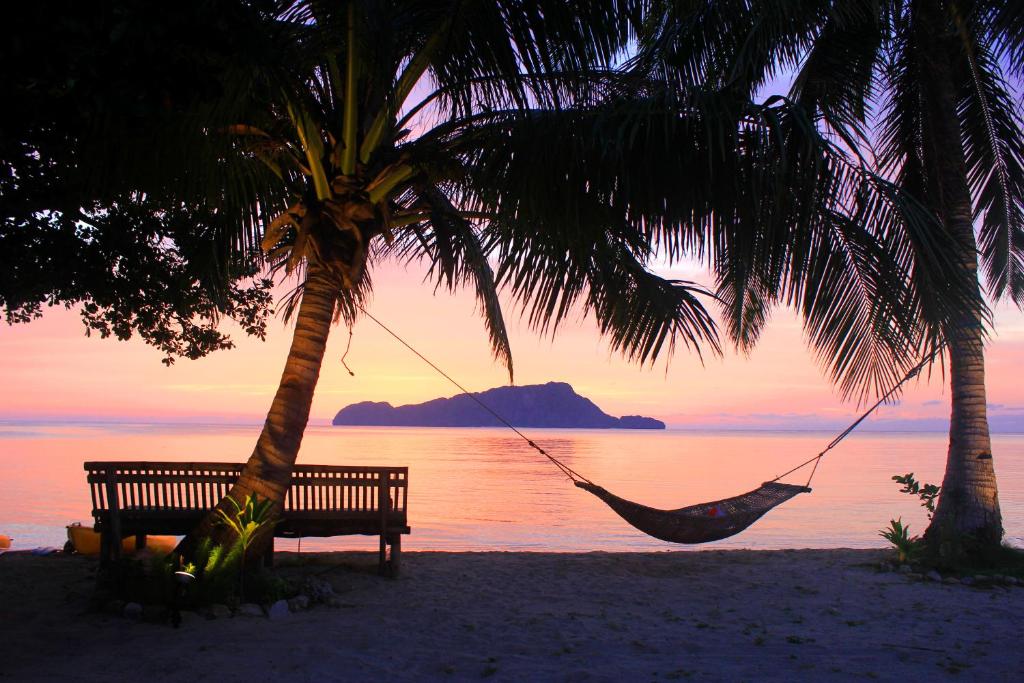 a hammock hanging between two palm trees on a beach at San Nicolas Private Beach in Busuanga