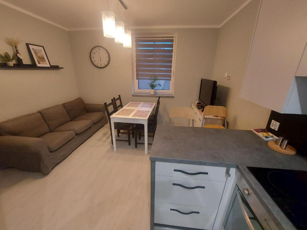 a kitchen and living room with a couch and a table at Apartament Antonio in Nysa