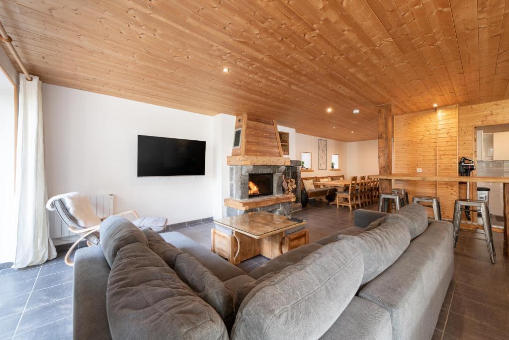 a living room with a couch and a fireplace at La Charbonnière, grand gîte haut-de-gamme avec jacuzzi et sauna in Gérardmer