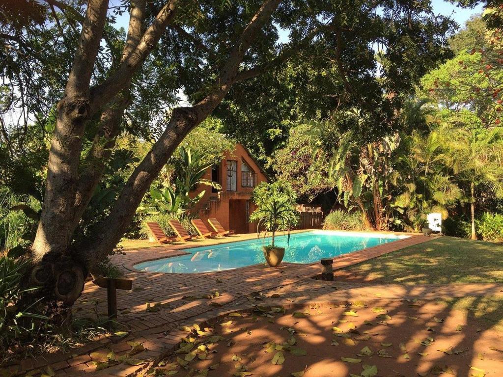 a swimming pool in front of a house at Malandela's Guest House in Malkerns
