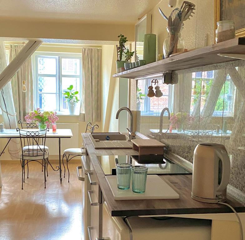 a kitchen with a sink and a counter top at Zauberhafte FeWo im Herzen von Wolfenbüttel in Wolfenbüttel