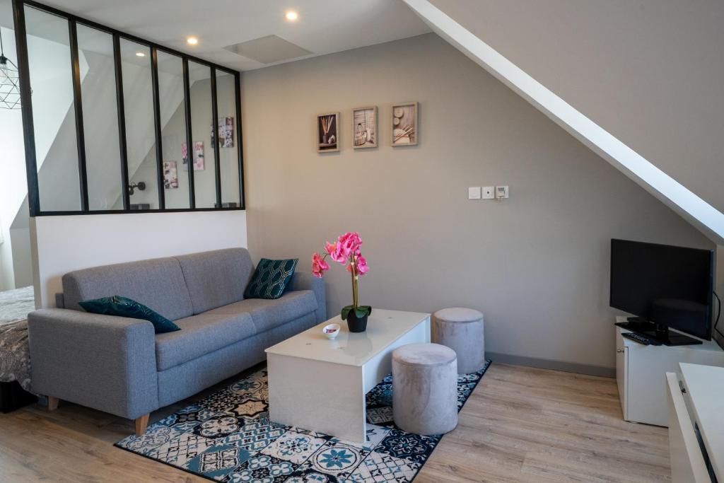 uma sala de estar com um sofá e uma televisão em la merveille de Rochebonne 3 em Saint Malo