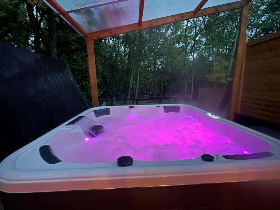 uma banheira de hidromassagem cheia de água rosa num quintal em Cocoon Room - jacuzzi em Sémoy