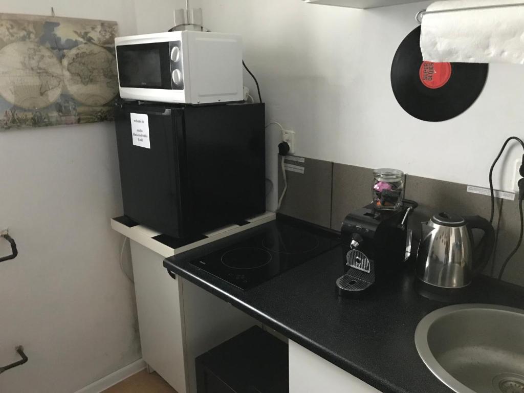 eine kleine Küche mit einer Mikrowelle auf dem Kühlschrank in der Unterkunft studio black and white in Łódź