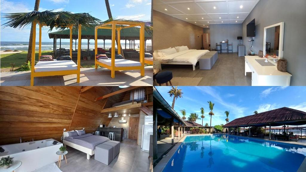 a collage of pictures of a house with a swimming pool at Tropicana Beach & Resort in Elwa