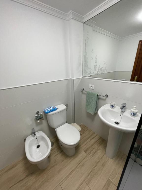 ein weißes Bad mit einem WC und einem Waschbecken in der Unterkunft Precioso apartamento en residencial con piscina cerca de la playa in Gáldar