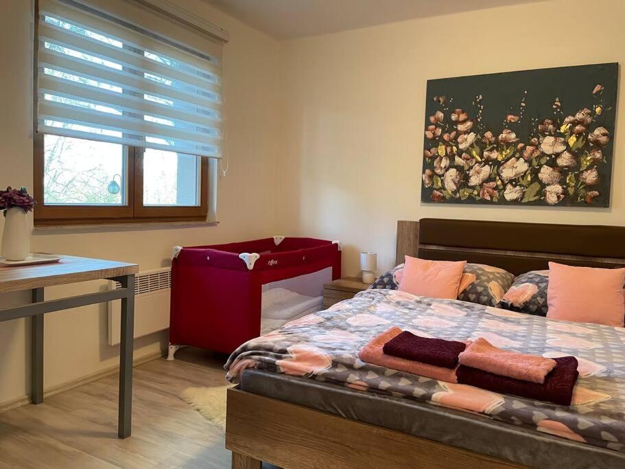 Postel nebo postele na pokoji v ubytování Srní- Červený byt/ dvojdomek u hotelu Vydra