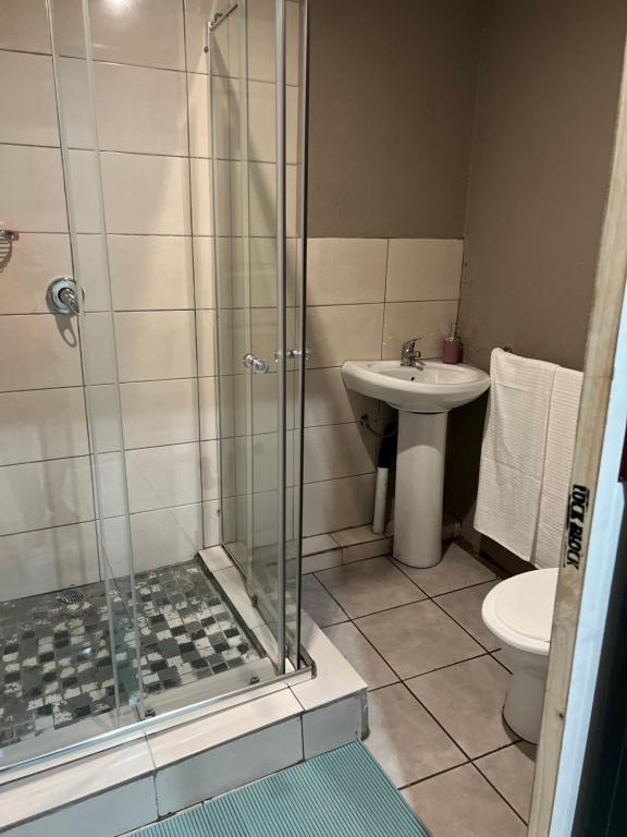 a bathroom with a shower and a toilet and a sink at Ekhenani Guest House in Nongoma
