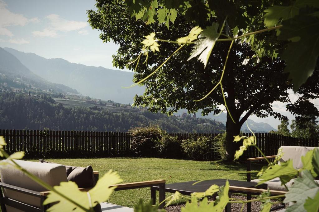 a garden with a view of a mountain at Villa Vitis in Rifiano