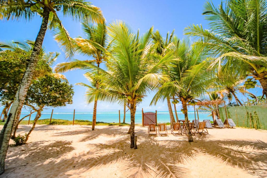 um grupo de palmeiras numa praia com o oceano em Pousada Villa Tainá Bahia em Arraial d'Ajuda
