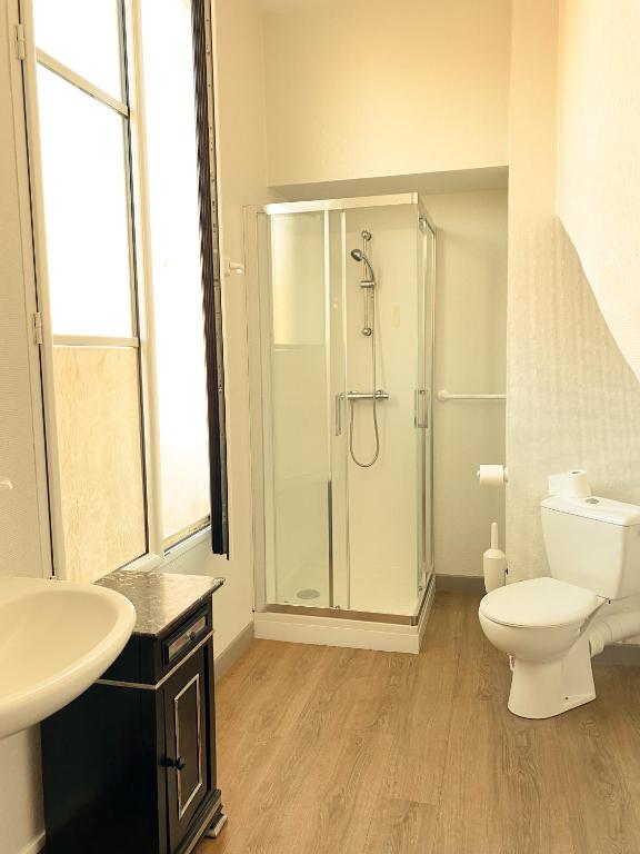 a bathroom with a shower and a toilet and a sink at Colette Hôtel in Niort
