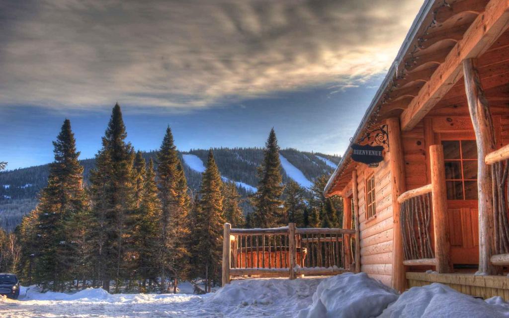 a log cabin with a porch in the snow at WAPITI - Chalets de Môh - Jacuzzi in La Malbaie