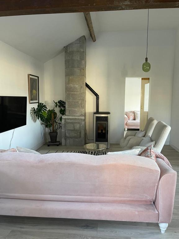 a bedroom with a pink bed and a fireplace at Cosy apartment with fire stove in Athlone