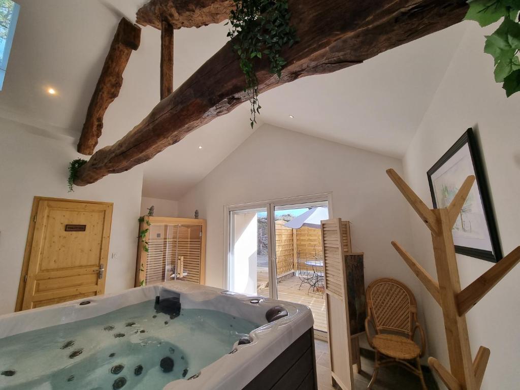 un jacuzzi au milieu d'une pièce dans l'établissement LE GITE SPA DU CEDRE BLEU, à La Tourette-Cabardès
