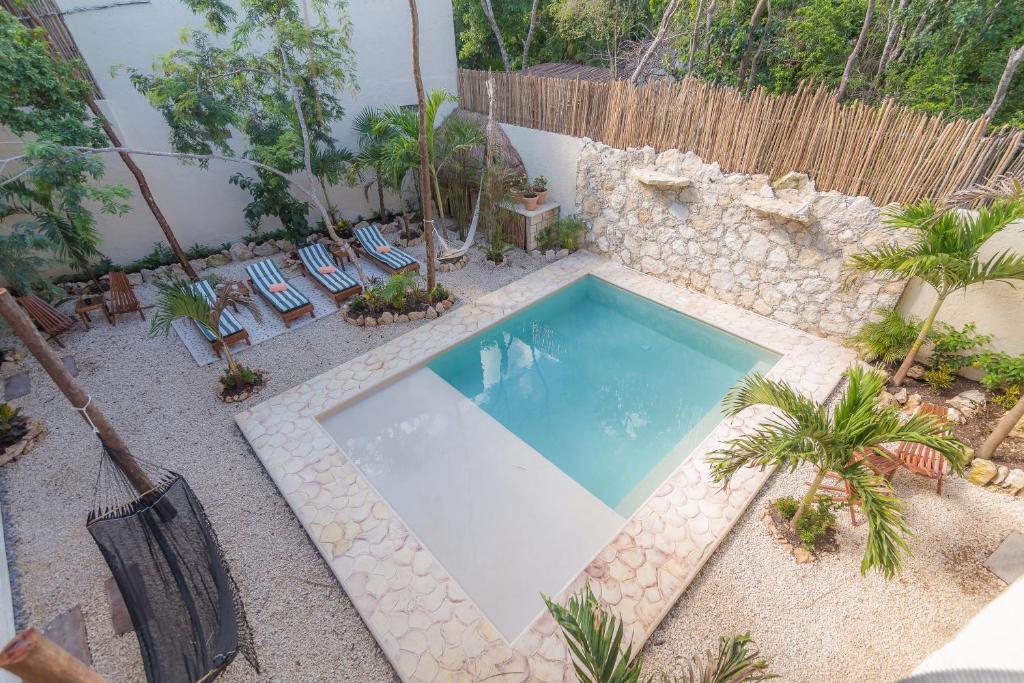 an overhead view of a swimming pool in a backyard at Aldea San Lam - Oasis Of Tulum in Tulum