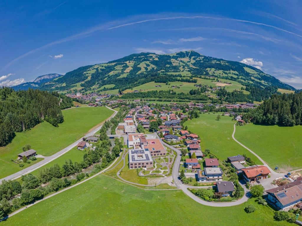 an aerial view of a village in front of a mountain at Tirola Bude Lisi Top 3 in Hopfgarten im Brixental