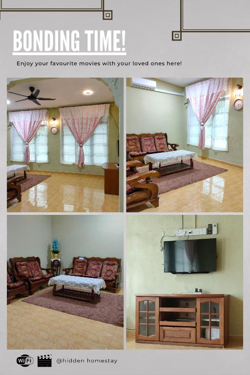 a collage of four pictures of a living room at Hidden Homestay in Marang