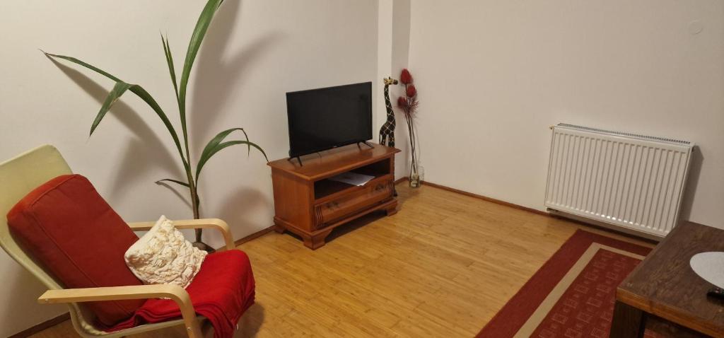 a living room with a tv and a chair and a table at Smještaj Slavonija in Daruvar