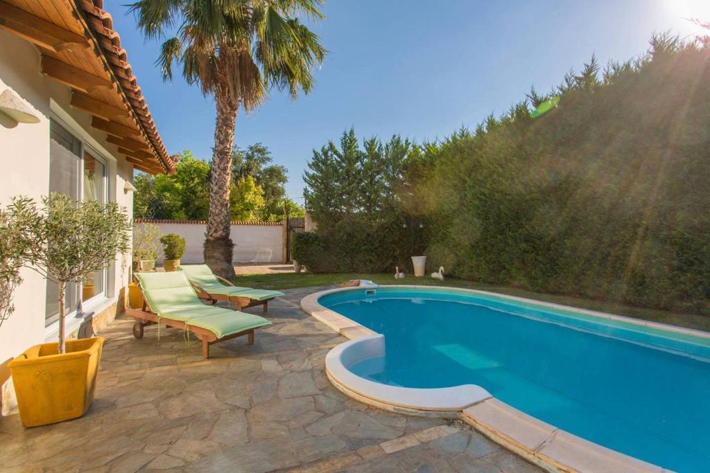 a swimming pool next to a house with a palm tree at Mini Paradise Salamina - Private Pool Retreat in Salamina